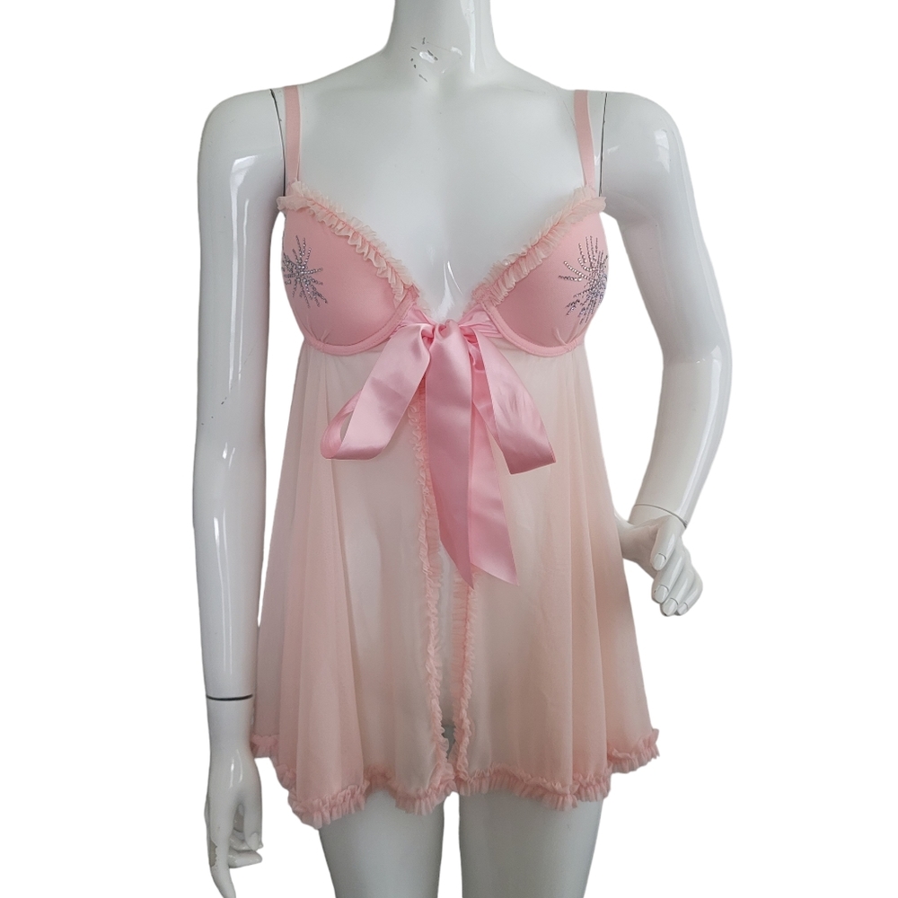 VICTORIA'S SECRET sexy little things sheer pink rhinestone babydoll lingerie